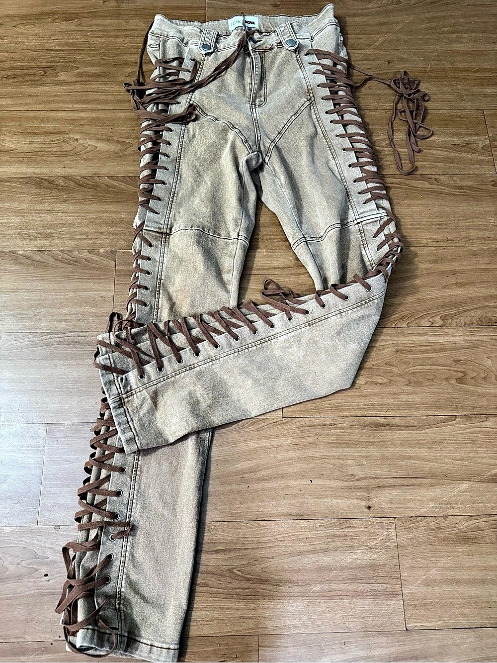 Fashion Nova After Hours Lace Up Flare Pant Tan